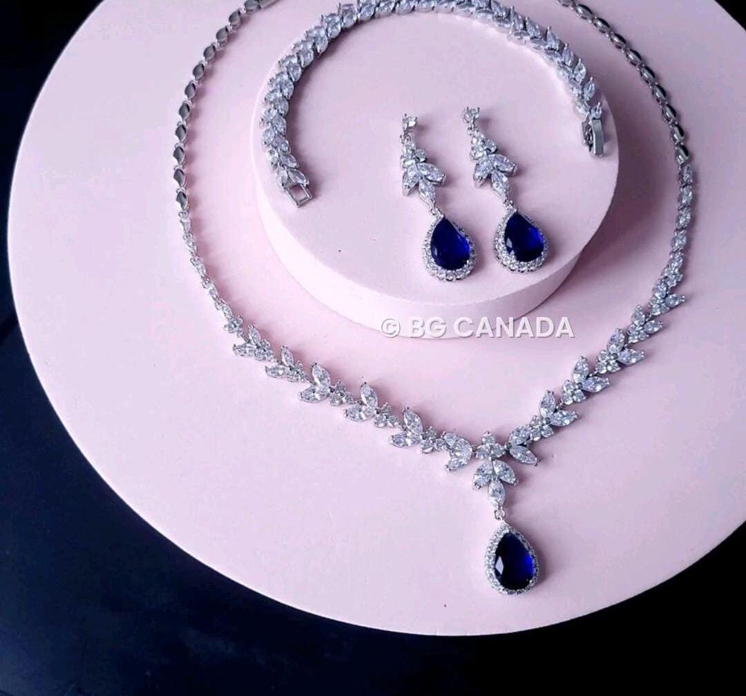 Blue Crystal Bridal Jewelry Set: Silver Necklace, Earrings, Bracelet