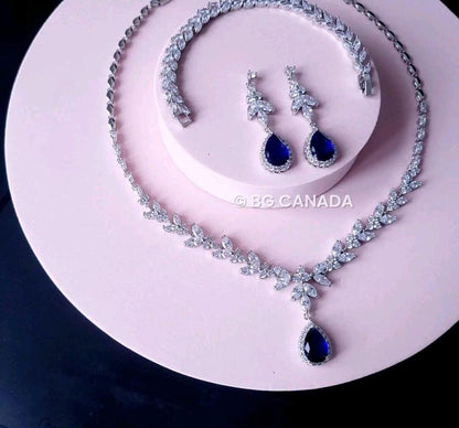 Blue Crystal Bridal Jewelry Set: Silver Necklace, Earrings, Bracelet