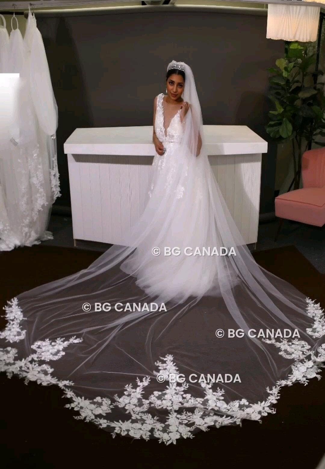 Floral Lace Edge scalloped veil special cut veil extra wide veil mermaid tail cut veil ivory veil with florals