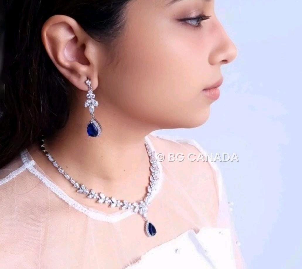 Blue Crystal Bridal Jewelry Set: Silver Necklace, Earrings, Bracelet