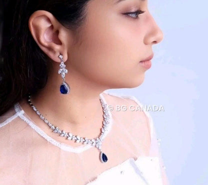 Blue Crystal Bridal Jewelry Set: Silver Necklace, Earrings, Bracelet