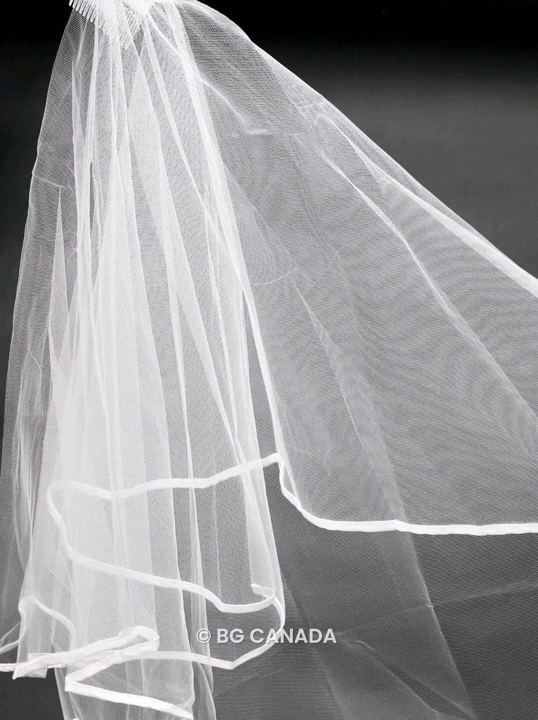 Two-tier satin trim wedding veil