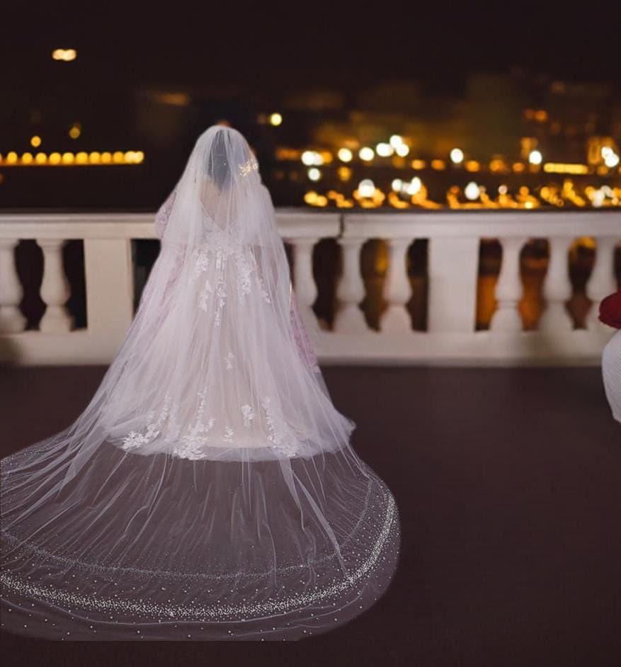 Cathedral Wedding Veil: Pearl & Crystal Edge, Sparkly Bridal Veil