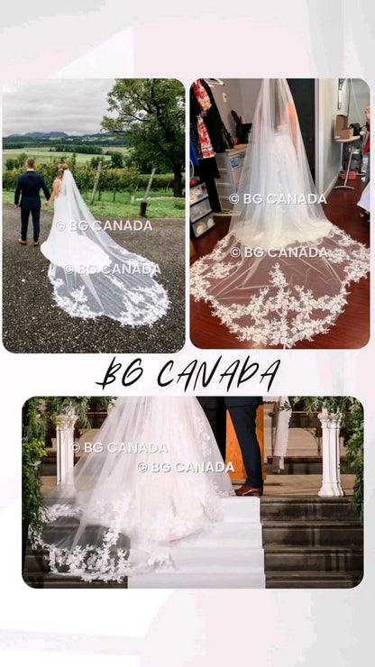 Floral Lace Edge scalloped veil special cut veil extra wide veil mermaid tail cut veil ivory veil with florals