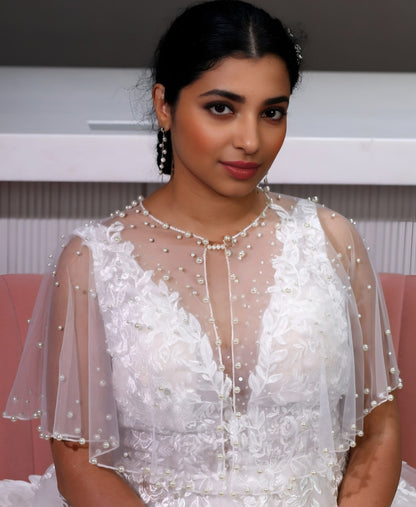 Bridal Lace Bolero Jacket Wedding Shrug Long Sleeve Lace Cover Up for Bride Elegant Wedding Jacket Pearl Bridal Boler Sheer Wedding Shawl