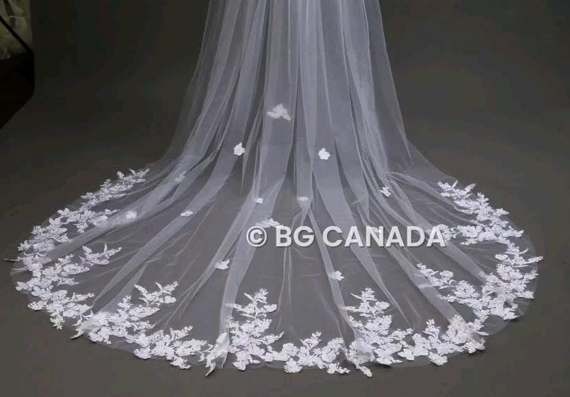 Cathedral Wedding Veil: Ivory Floral Lace, Soft Tulle