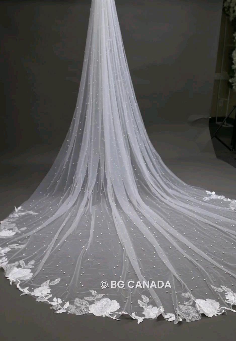 Floral Lace Cathedral Wedding Veil: Long Pearl Bridal Veil