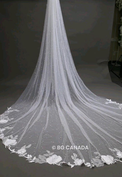 Floral Lace Cathedral Wedding Veil: Long Pearl Bridal Veil
