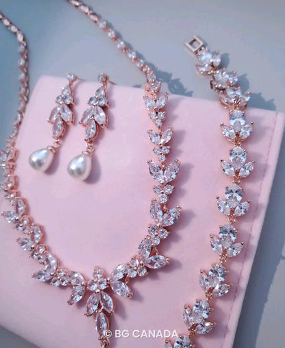 pearl drop earrings CZ wedding Necklace with bracelet bridal necklace with pearl drop earrings wedding jewelry set sparkly wedding jewelry