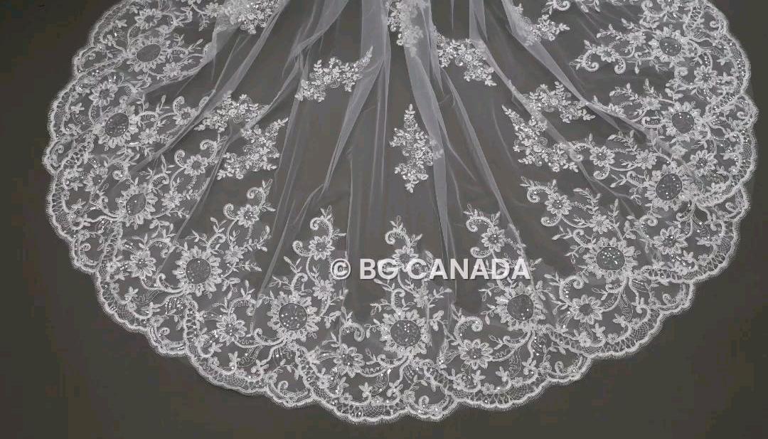 Lace Edge Cathedral Wedding Veil: Floral Sequins, Scalloped Vintage Lace