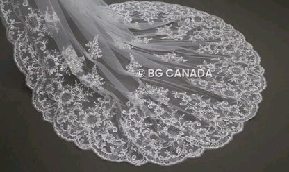 Lace Edge Cathedral Wedding Veil: Floral Sequins, Scalloped Vintage Lace