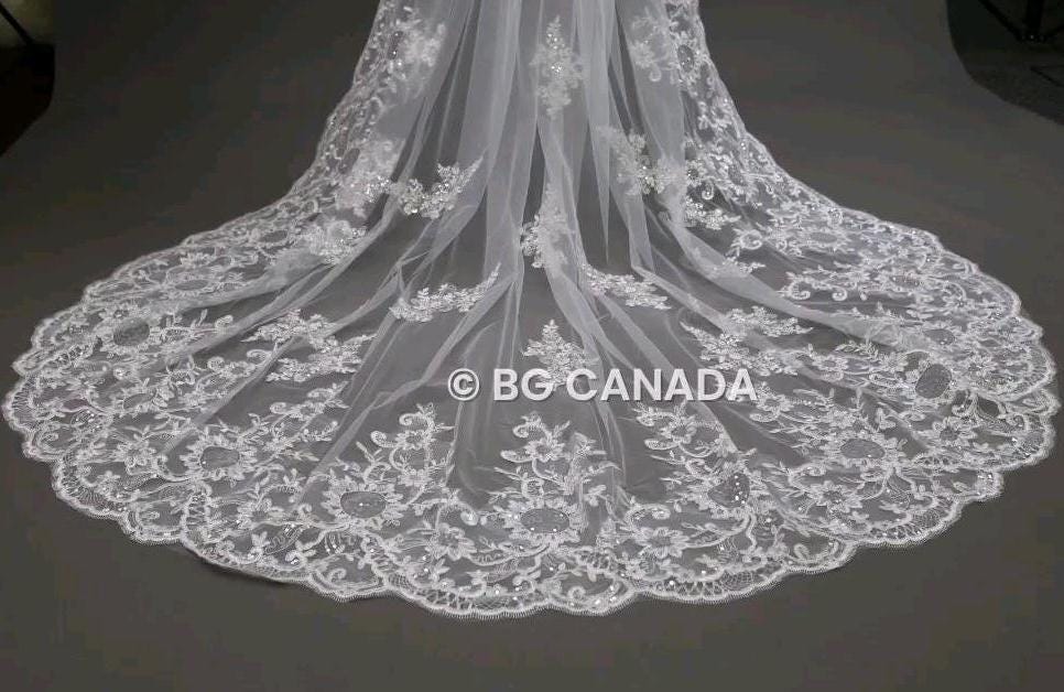 Lace Edge Cathedral Wedding Veil: Floral Sequins, Scalloped Vintage Lace