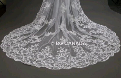 Lace Edge Cathedral Wedding Veil: Floral Sequins, Scalloped Vintage Lace