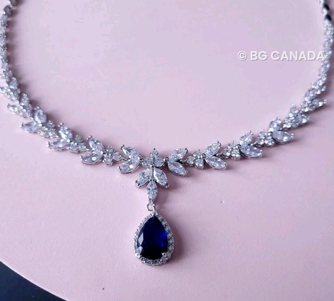 Blue Crystal Bridal Jewelry Set: Silver Necklace, Earrings, Bracelet