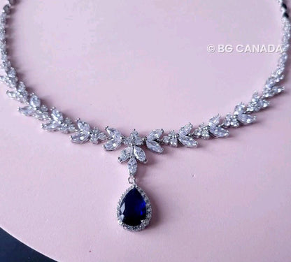 Blue Crystal Bridal Jewelry Set: Silver Necklace, Earrings, Bracelet