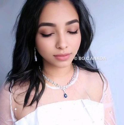 Blue Crystal Bridal Jewelry Set: Silver Necklace, Earrings, Bracelet