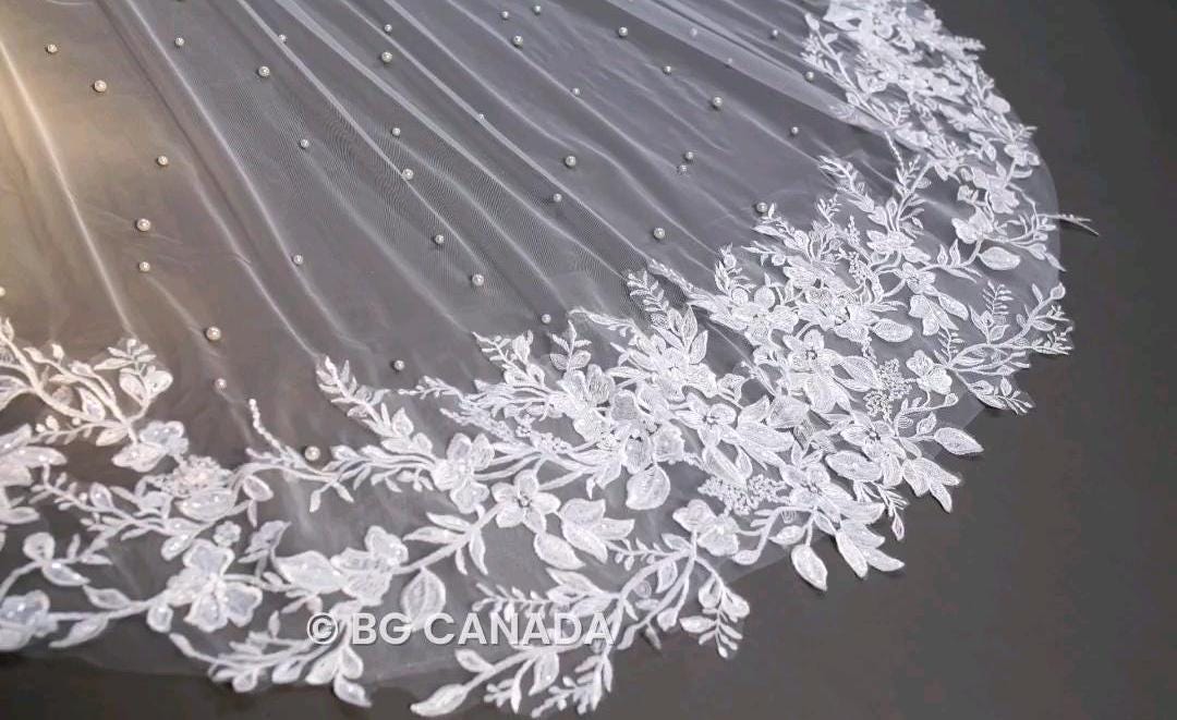 Cathedral Wedding Veil: Floral Lace, Pearls, 300cm