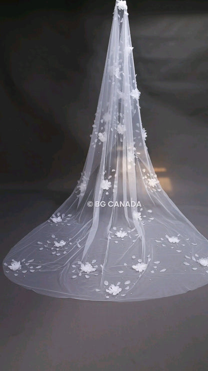 veil cathedral veil Floral Pearl Bridal Veil mantilla veil Unique Wedding Veil with Scattered Pearls and Petals Statement Veil