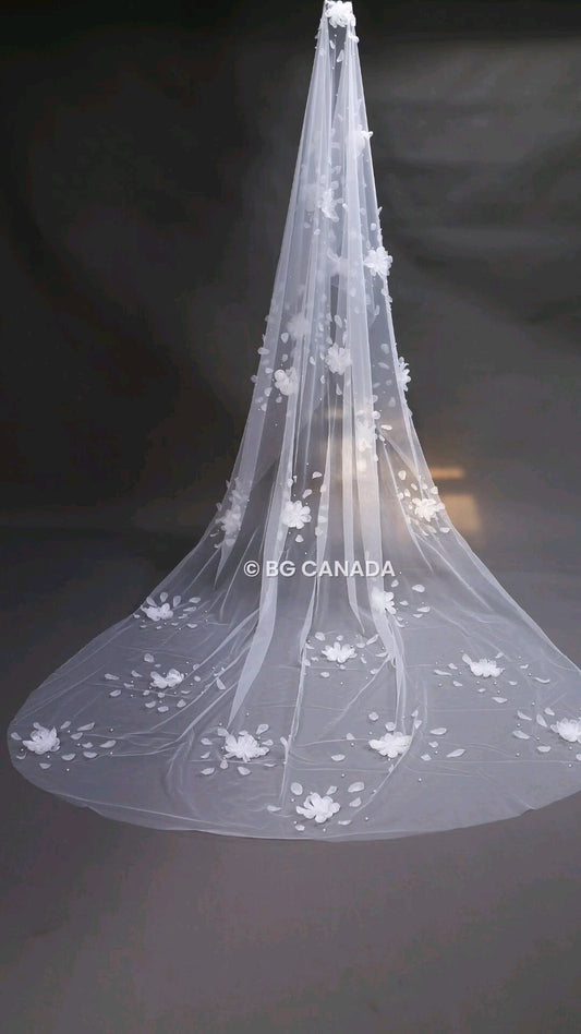 veil cathedral veil Floral Pearl Bridal Veil mantilla veil Unique Wedding Veil with Scattered Pearls and Petals Statement Veil