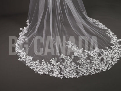 Leaf pattern Wedding Veil: Ivory, white Lace, Leaf Embroidered Edge (300cm)