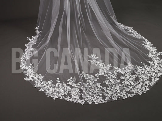 Leaf pattern Wedding Veil: Ivory, white Lace, Leaf Embroidered Edge (300cm)
