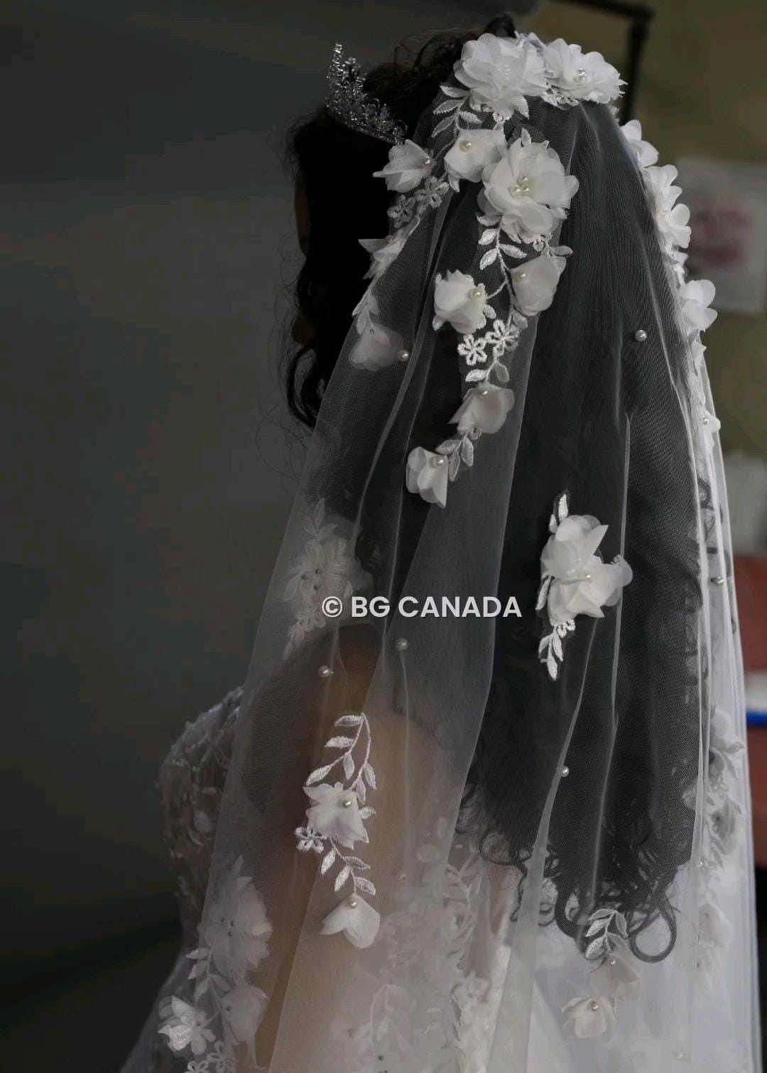 3D Floral Pearl Bridal Veil: Embroidered Tulle Chapel Veil