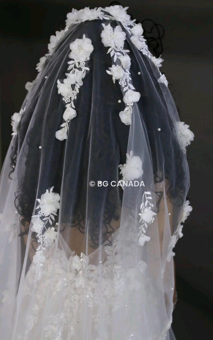 3D Floral Pearl Bridal Veil: Embroidered Tulle Chapel Veil