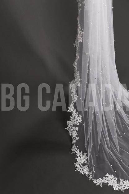 Pearl Wedding Veil with lace border: Ivory Lace Border Veil Lace edge veil scattered pearls