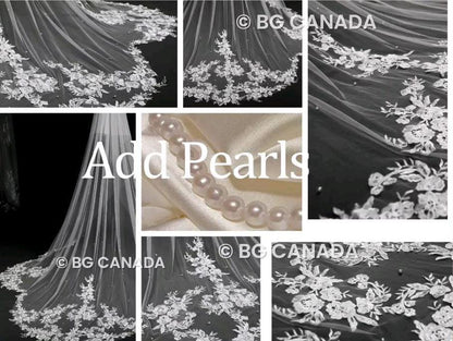 Floral Lace Edge scalloped veil special cut veil extra wide veil mermaid tail cut veil ivory veil with florals