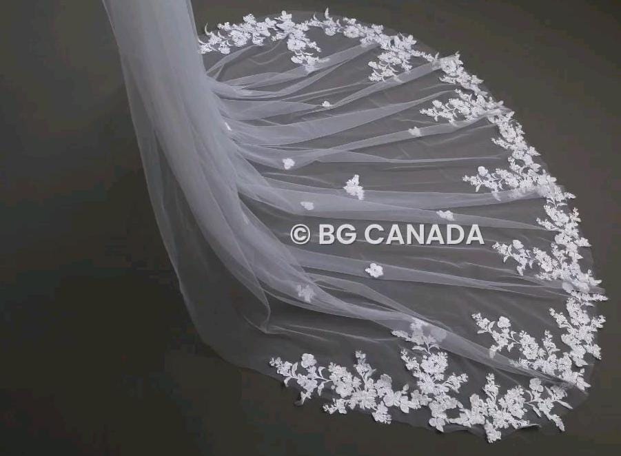 Cathedral Wedding Veil: Ivory Floral Lace, Soft Tulle
