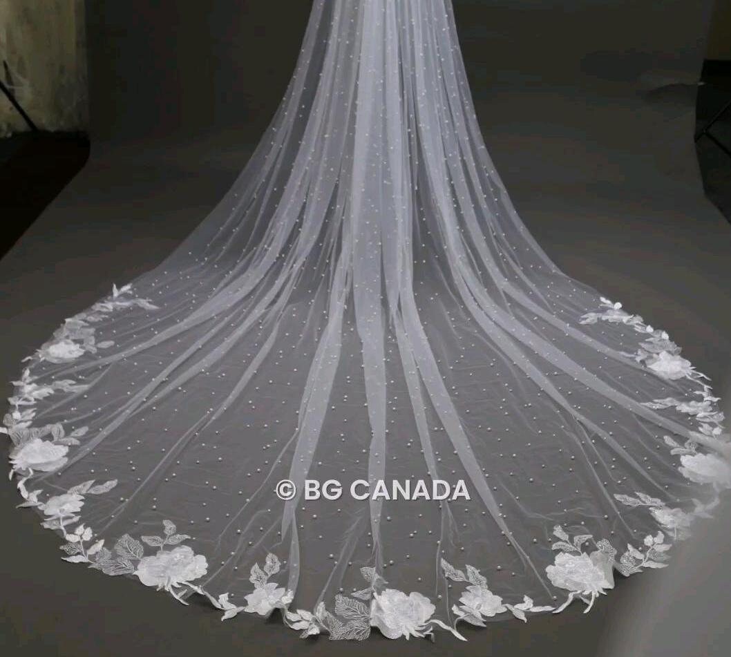 Floral Lace Cathedral Wedding Veil: Long Pearl Bridal Veil