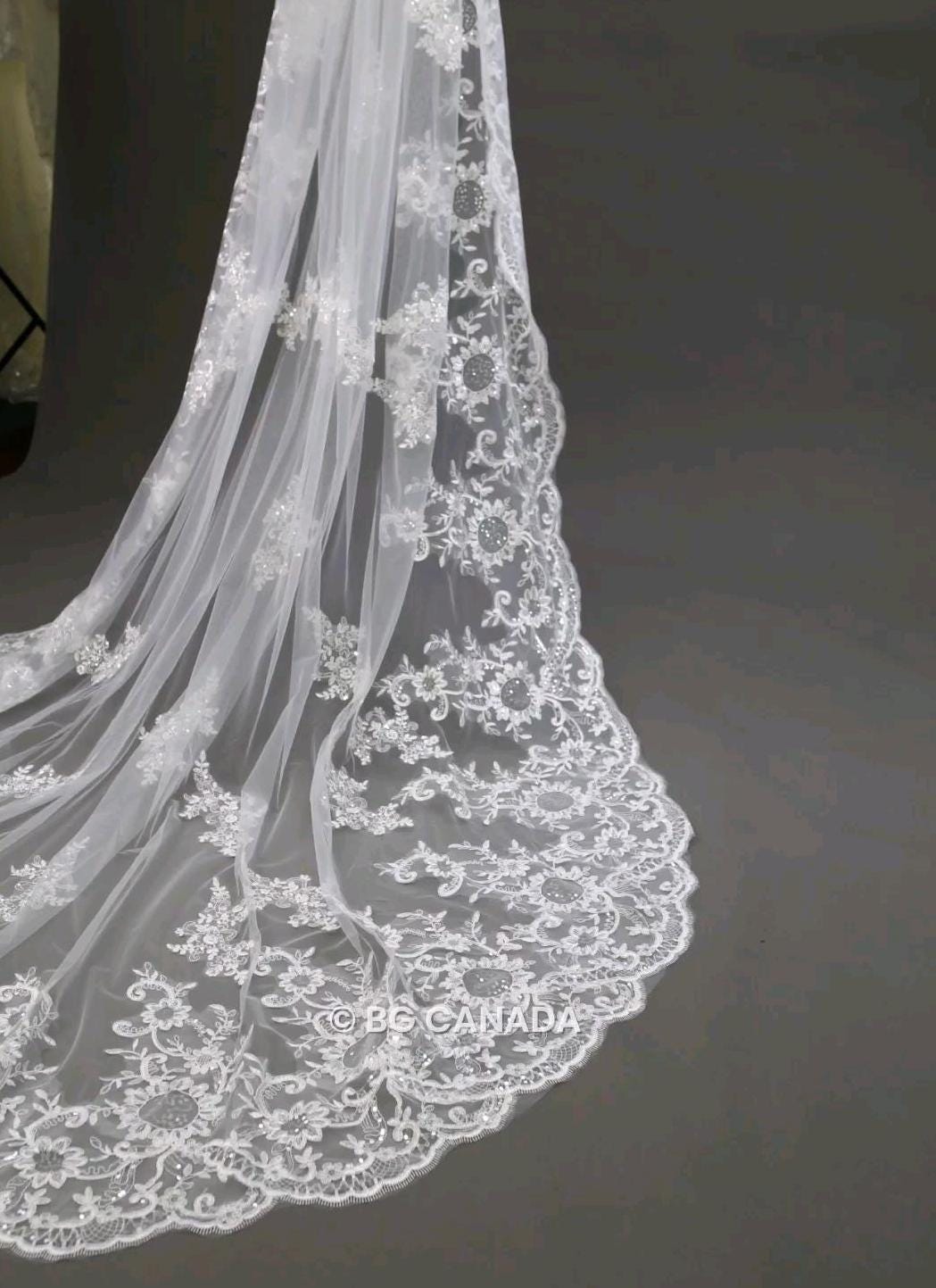 Lace Edge Cathedral Wedding Veil: Floral Sequins, Scalloped Vintage Lace