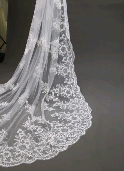 Lace Edge Cathedral Wedding Veil: Floral Sequins, Scalloped Vintage Lace