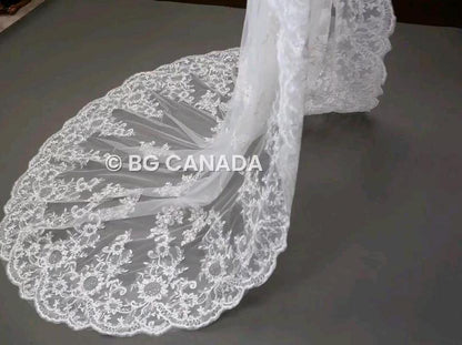 Lace Edge Cathedral Wedding Veil: Floral Sequins, Scalloped Vintage Lace