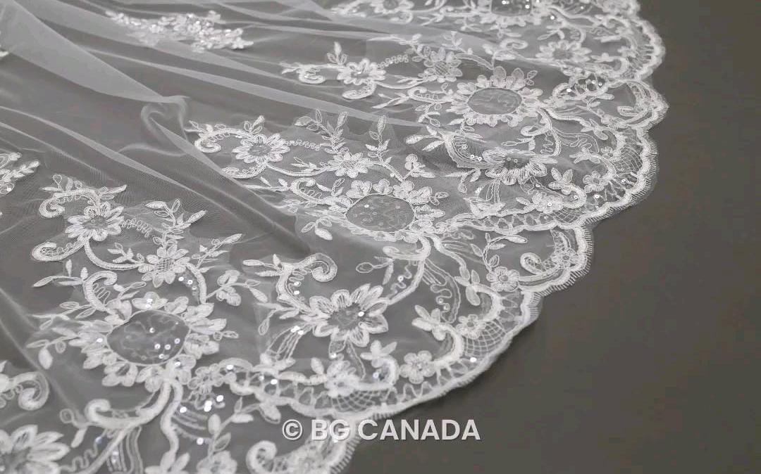 Lace Edge Cathedral Wedding Veil: Floral Sequins, Scalloped Vintage Lace