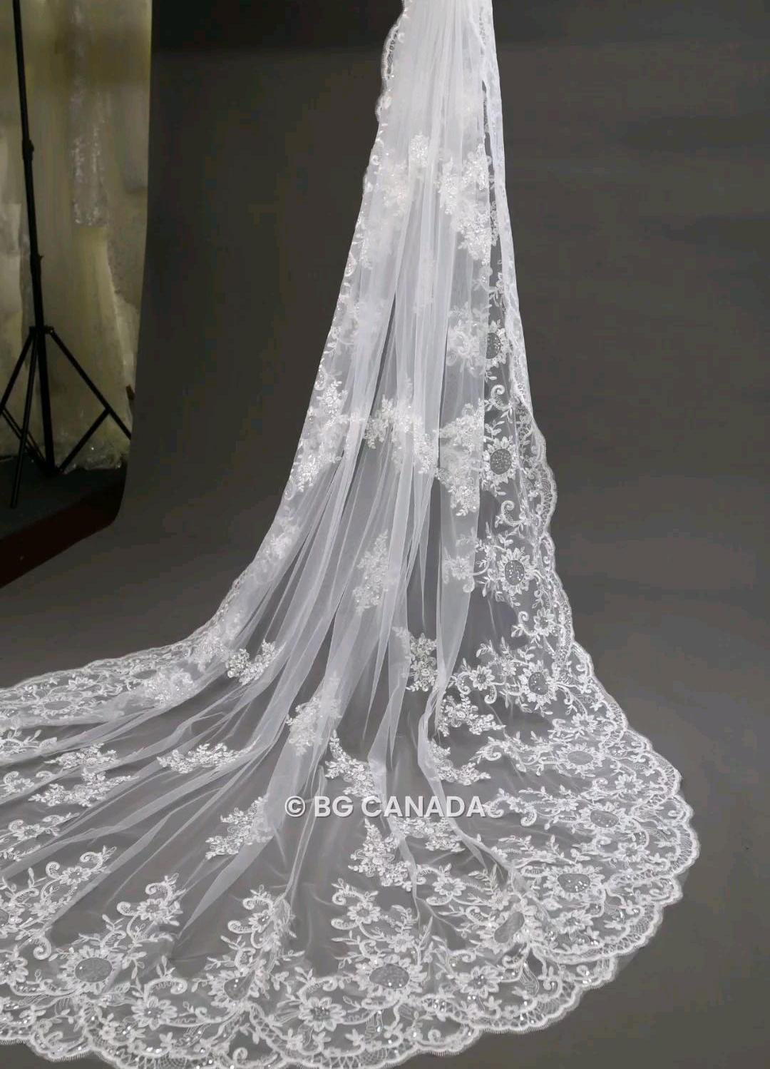 Lace Edge Cathedral Wedding Veil: Floral Sequins, Scalloped Vintage Lace