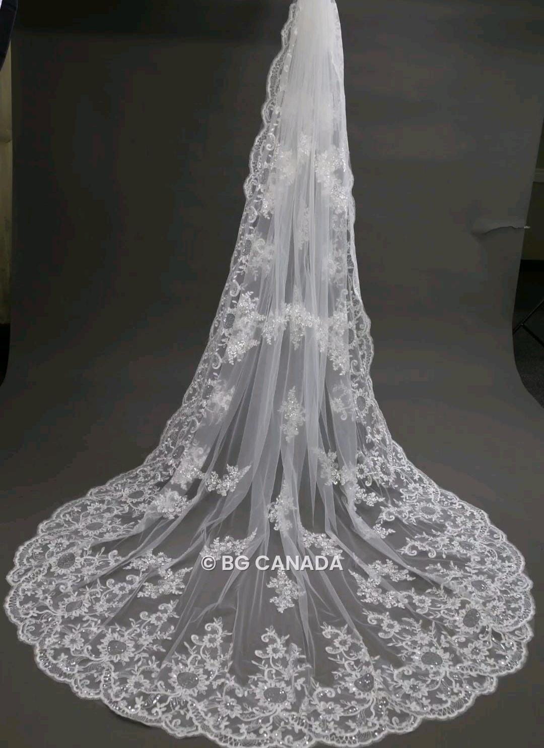 Lace Edge Cathedral Wedding Veil: Floral Sequins, Scalloped Vintage Lace