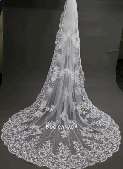 Lace Edge Cathedral Wedding Veil: Floral Sequins, Scalloped Vintage Lace