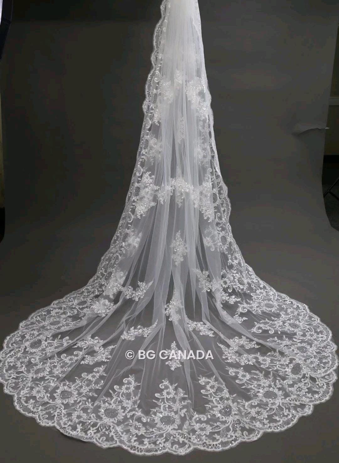 Lace Edge Cathedral Wedding Veil: Floral Sequins, Scalloped Vintage Lace