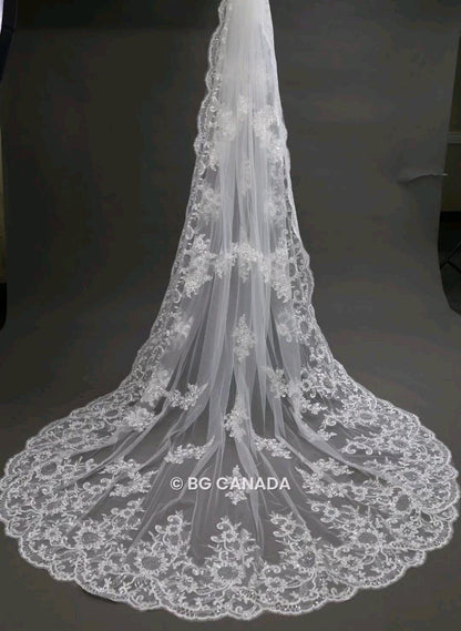 Lace Edge Cathedral Wedding Veil: Floral Sequins, Scalloped Vintage Lace