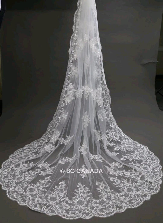 Lace Edge Cathedral Wedding Veil: Floral Sequins, Scalloped Vintage Lace