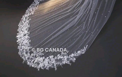 Cathedral Wedding Veil: Floral Lace, Pearls, 300cm