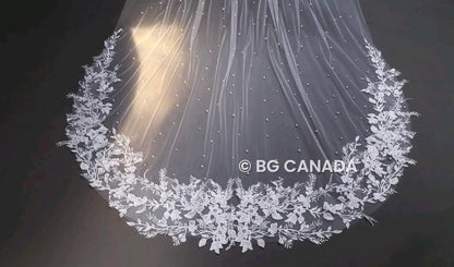 Cathedral Wedding Veil: Floral Lace, Pearls, 300cm