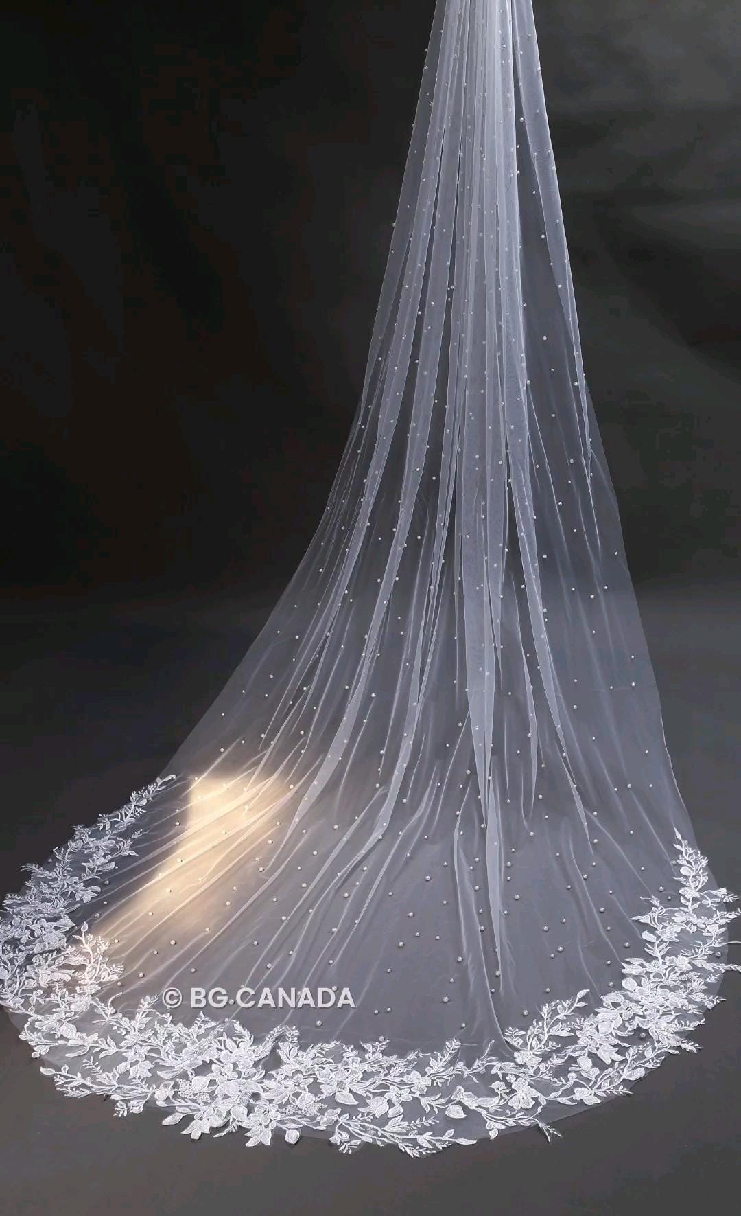 Cathedral Wedding Veil: Floral Lace, Pearls, 300cm
