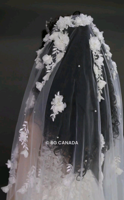 3D Floral Pearl Bridal Veil: Embroidered Tulle Chapel Veil