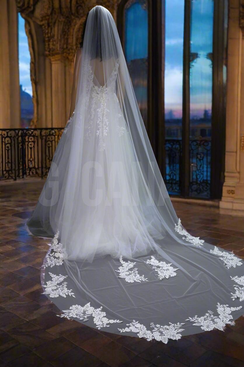 Cathedral Wedding Veil: Long Pearl & Lace Bridal Veil