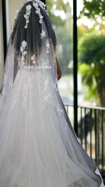 3D Floral Pearl Bridal Veil: Embroidered Tulle Chapel Veil