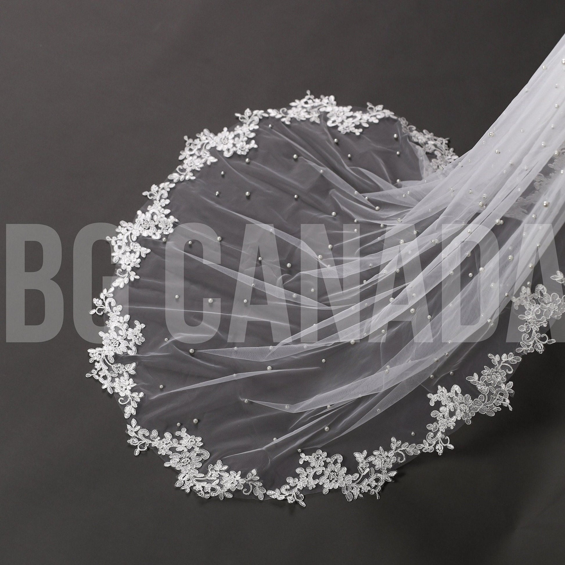 Pearl Wedding Veil with lace border: Ivory Lace Border Veil Lace edge veil scattered pearls
