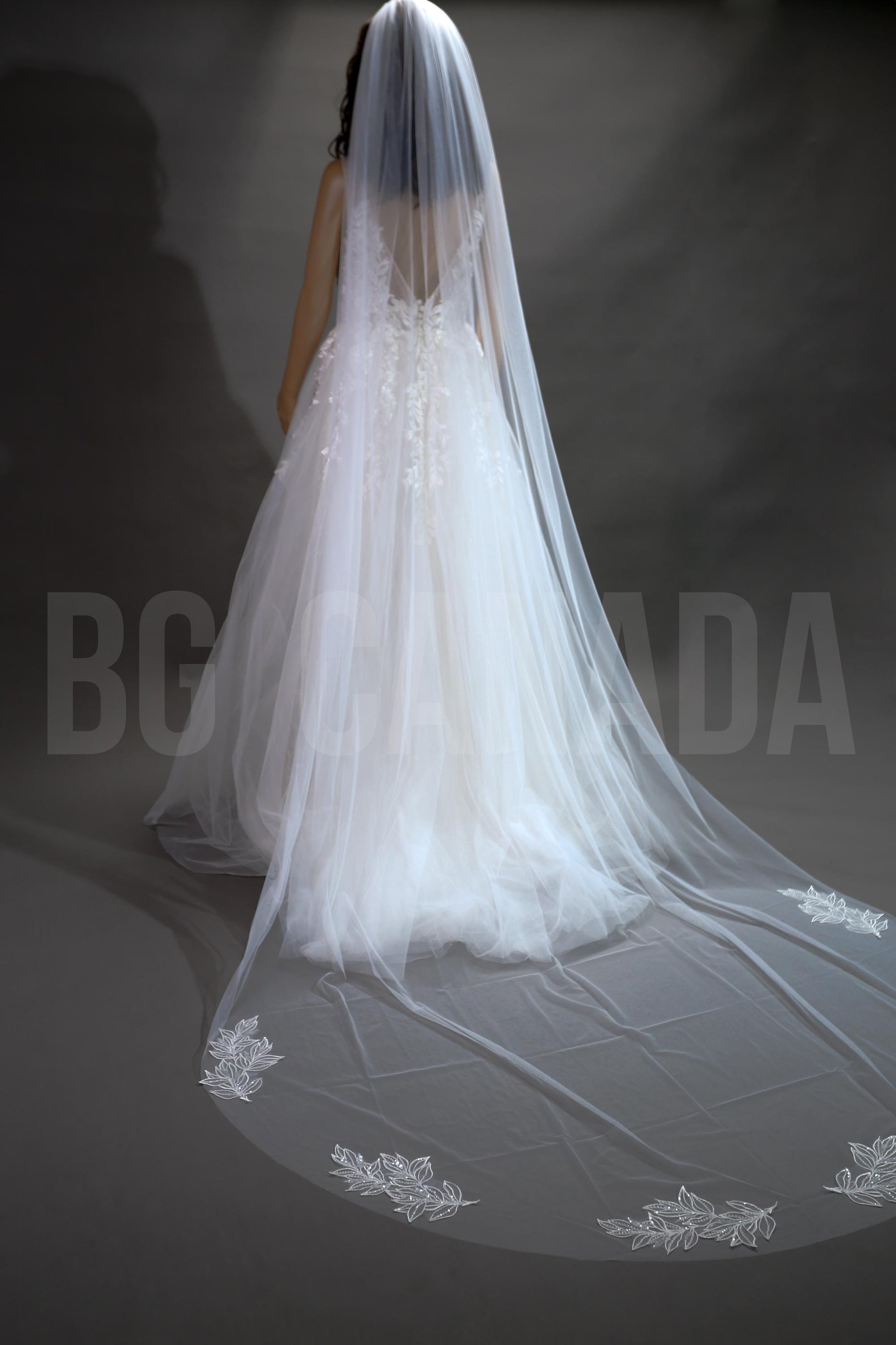 Beaded Leaf Lace Cathedral Veil - Bridal Ivory Tulle Veil