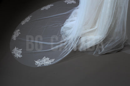 Beaded Leaf Lace Cathedral Veil - Bridal Ivory Tulle Veil